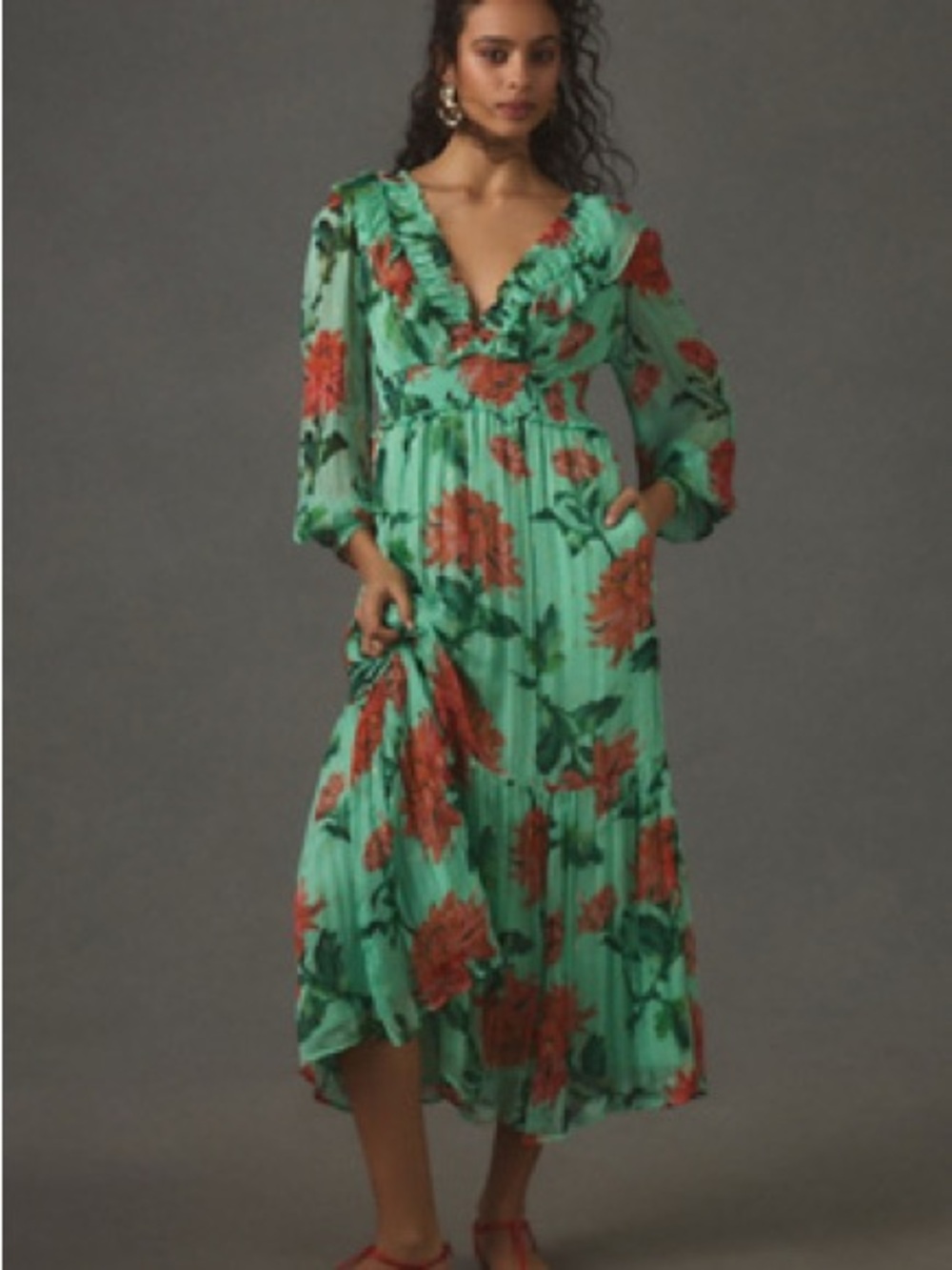 Anthropologie The Odetta Ruffled V-Neck Floral Maxi Dress Green Orange L